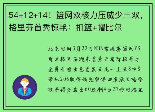 54+12+14！篮网双核力压威少三双，格里芬首秀惊艳：扣篮+帽比尔