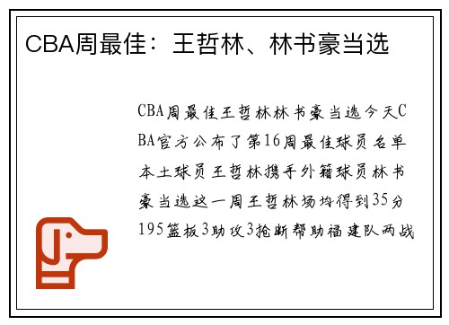 CBA周最佳：王哲林、林书豪当选