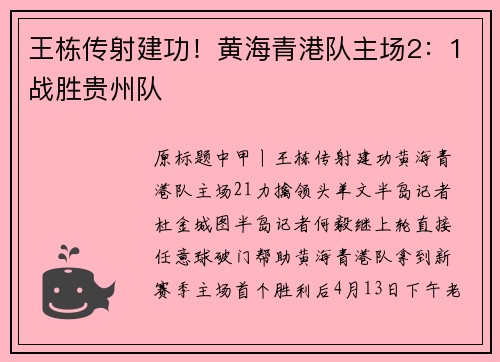 王栋传射建功！黄海青港队主场2：1战胜贵州队